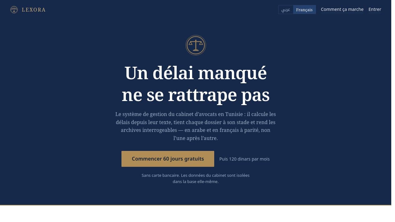 Lexora: practice management for Tunisian law firms, live product screenshot
